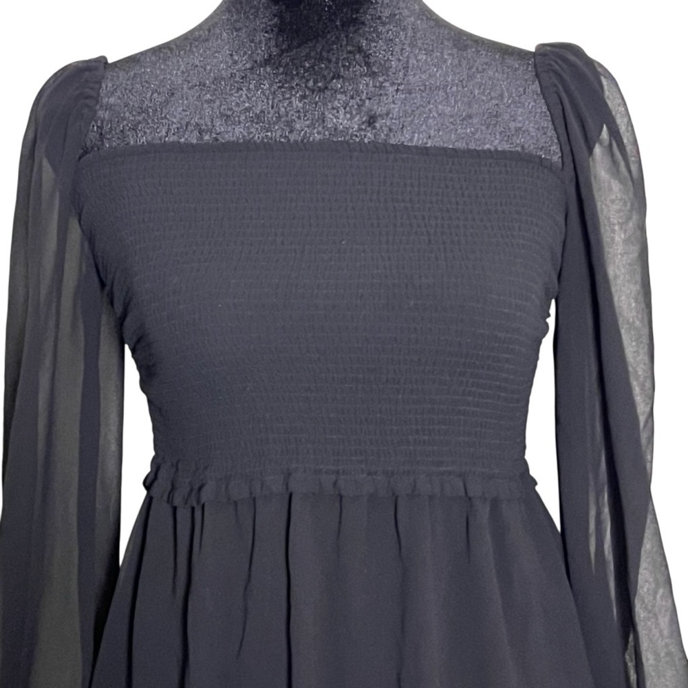 Aritzia Wilfred New Tempest Smocked Chiffon Black Mini Blouson Dress — Small - Picture 4 of 14